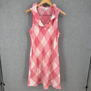 Crown Ivy Womens Linen Midi Dress Size L Pink White Plaid Check Ruffle Romantic